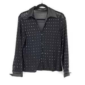 Emerson Lang Collared Semi Sheer Studded Button Front Shirt Black Sz Small